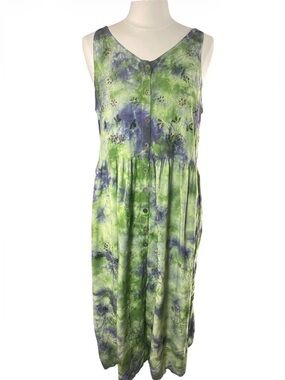 Sleeveless Vintage Tie-Dye Embroidered Button-Front Dress